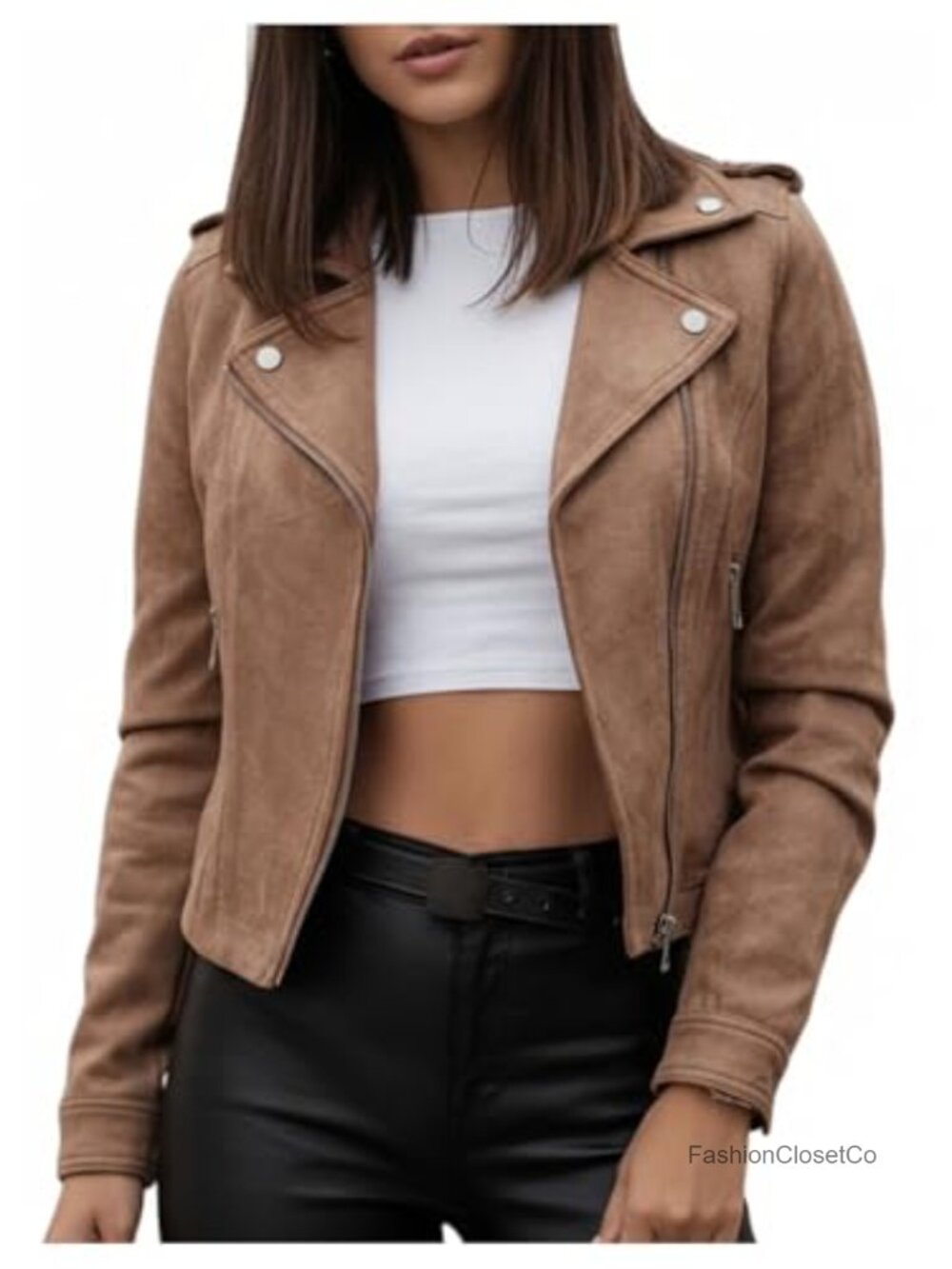 Faux Suede Motorcycle Jacket Zip Up Casual Biker Outerwear